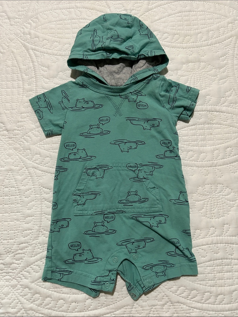 Carter's Teal Hooded Baby One-Piece w/ Snap Closure & Hippo Print Sz: 9m
